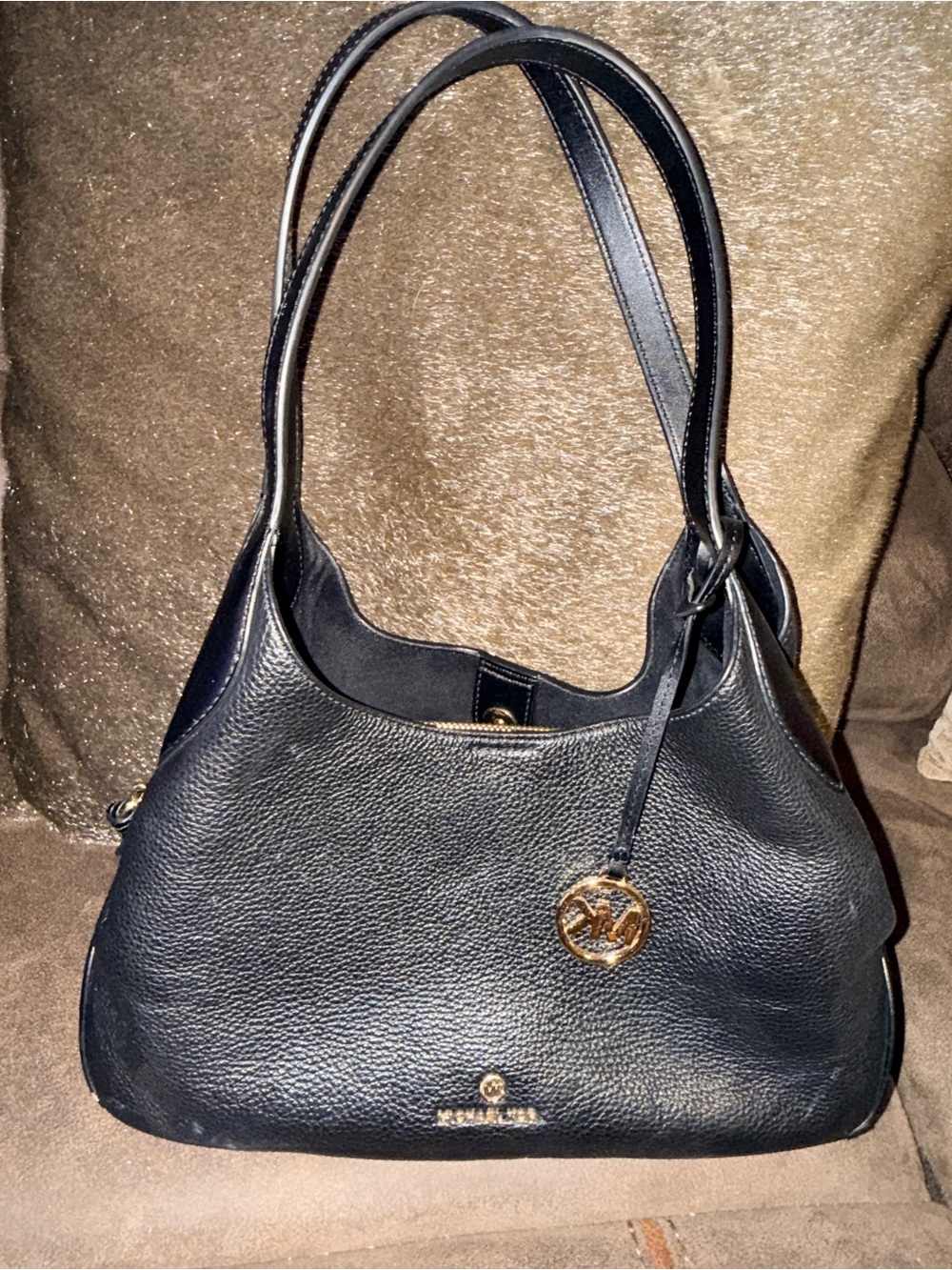 Michael Kors Black Pebbled Leather Shoulder Hobo with Gold Logo Charm